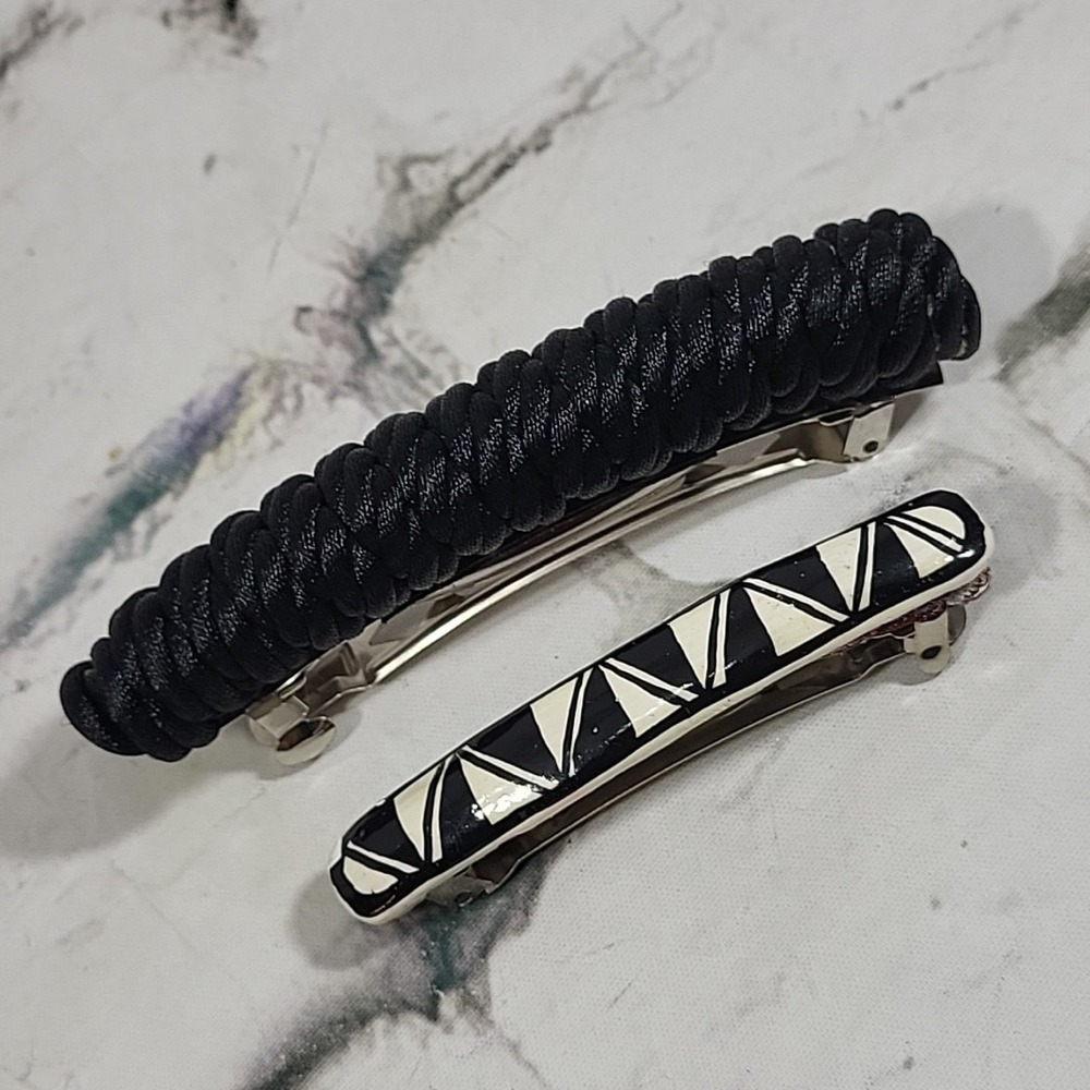 Vintage 90s Hair Clip Barrettes‎ Lot Of 2 Black Cord Wrapped Handpainted